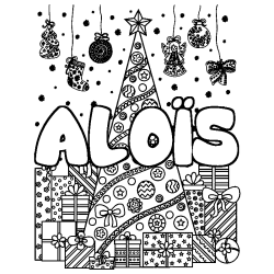 Coloriage pr&eacute;nom ALO&Iuml;S - d&eacute;cor Sapin et Cadeaux