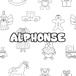 Coloriage pr&eacute;nom ALPHONSE - d&eacute;cor Jouets