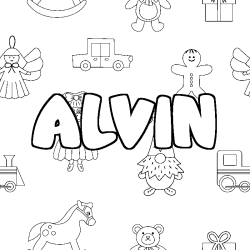 Coloriage pr&eacute;nom ALVIN - d&eacute;cor Jouets