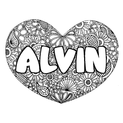 Coloriage prénom ALVIN - décor Mandala coeur