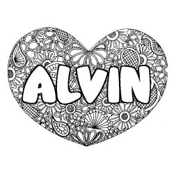 Coloriage pr&eacute;nom ALVIN - d&eacute;cor Mandala coeur