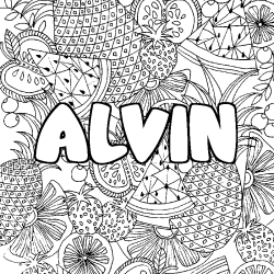 Coloriage prénom ALVIN - décor Mandala fruits