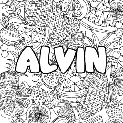 Coloriage pr&eacute;nom ALVIN - d&eacute;cor Mandala fruits