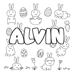Coloriage pr&eacute;nom ALVIN - d&eacute;cor Paques