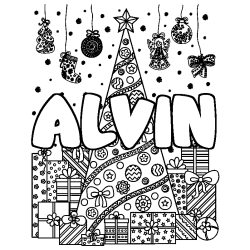 Coloriage prénom ALVIN - décor Sapin et Cadeaux
