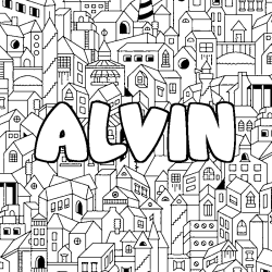 Coloriage pr&eacute;nom ALVIN - d&eacute;cor Ville