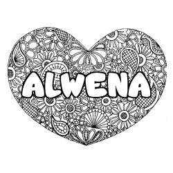 Coloriage prénom ALWENA - décor Mandala coeur