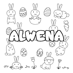 Coloriage pr&eacute;nom ALWENA - d&eacute;cor Paques