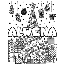 Coloriage prénom ALWENA - décor Sapin et Cadeaux
