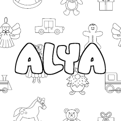 Coloriage pr&eacute;nom ALYA - d&eacute;cor Jouets