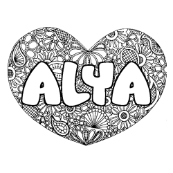 Coloriage pr&eacute;nom ALYA - d&eacute;cor Mandala coeur