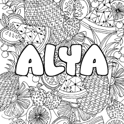 Coloriage pr&eacute;nom ALYA - d&eacute;cor Mandala fruits