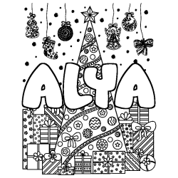 Coloriage pr&eacute;nom ALYA - d&eacute;cor Sapin et Cadeaux