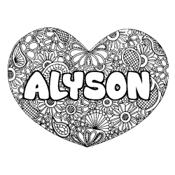 Coloriage pr&eacute;nom ALYSON - d&eacute;cor Mandala coeur