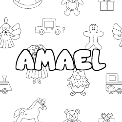 Coloriage prénom AMAEL - décor Jouets