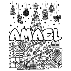 Coloriage prénom AMAEL - décor Sapin et Cadeaux