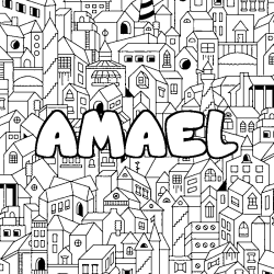 Coloriage pr&eacute;nom AMAEL - d&eacute;cor Ville