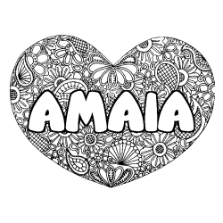 Coloriage prénom AMAIA - décor Mandala coeur