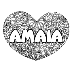 Coloriage pr&eacute;nom AMAIA - d&eacute;cor Mandala coeur