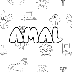 Coloriage prénom AMAL - décor Jouets