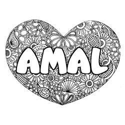 Coloriage pr&eacute;nom AMAL - d&eacute;cor Mandala coeur