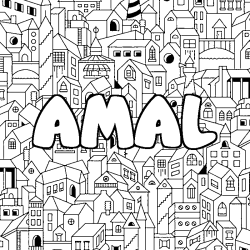 Coloriage pr&eacute;nom AMAL - d&eacute;cor Ville