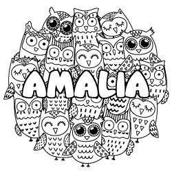 Coloriage prénom AMALIA - décor Chouettes