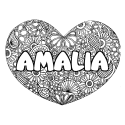 Coloriage prénom AMALIA - décor Mandala coeur
