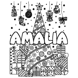 Coloriage prénom AMALIA - décor Sapin et Cadeaux