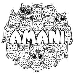 Coloriage pr&eacute;nom AMANI - d&eacute;cor Chouettes