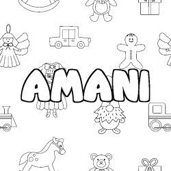 Coloriage prénom AMANI - décor Jouets