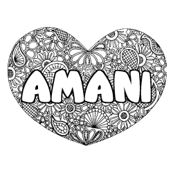 Coloriage pr&eacute;nom AMANI - d&eacute;cor Mandala coeur