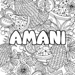 Coloriage prénom AMANI - décor Mandala fruits