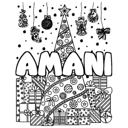 Coloriage prénom AMANI - décor Sapin et Cadeaux