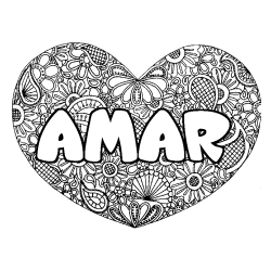 Coloriage pr&eacute;nom AMAR - d&eacute;cor Mandala coeur
