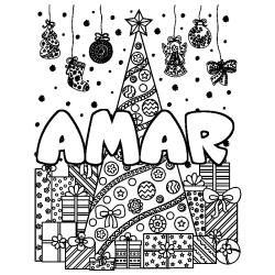 Coloriage prénom AMAR - décor Sapin et Cadeaux