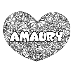 Coloriage prénom AMAURY - décor Mandala coeur