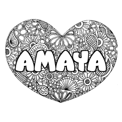 Coloriage prénom AMAYA - décor Mandala coeur