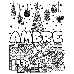 Coloriage prénom AMBRE - décor Sapin et Cadeaux