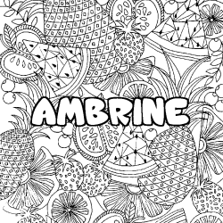 Coloriage pr&eacute;nom AMBRINE - d&eacute;cor Mandala fruits
