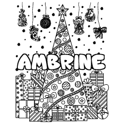 Coloriage prénom AMBRINE - décor Sapin et Cadeaux