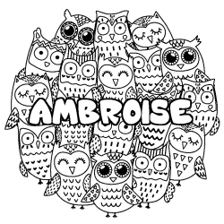 Coloriage prénom AMBROISE - décor Chouettes