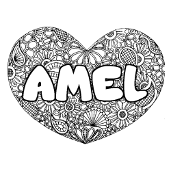Coloriage pr&eacute;nom AMEL - d&eacute;cor Mandala coeur