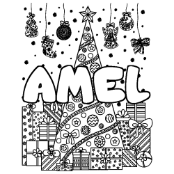Coloriage prénom AMEL - décor Sapin et Cadeaux
