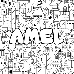 Coloriage prénom AMEL - décor Ville