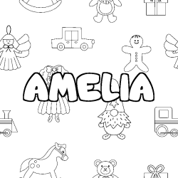 Coloriage prénom AMELIA - décor Jouets