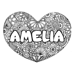 Coloriage prénom AMELIA - décor Mandala coeur