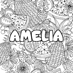 Coloriage pr&eacute;nom AMELIA - d&eacute;cor Mandala fruits