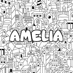 Coloriage prénom AMELIA - décor Ville
