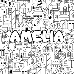 Coloriage pr&eacute;nom AMELIA - d&eacute;cor Ville